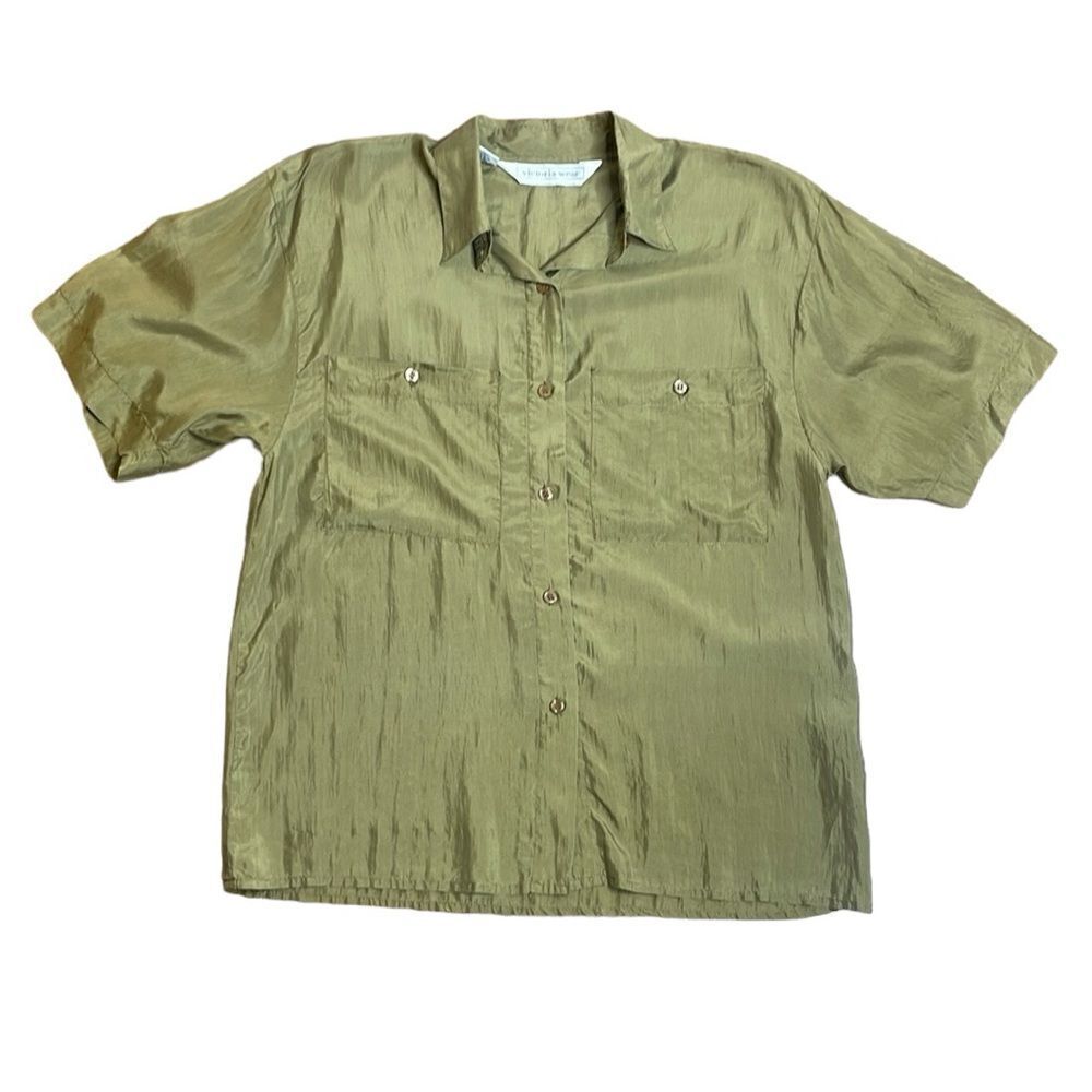 90s Vintage Victoria Wear Green 100% silk button down short sleeve camp shirt L